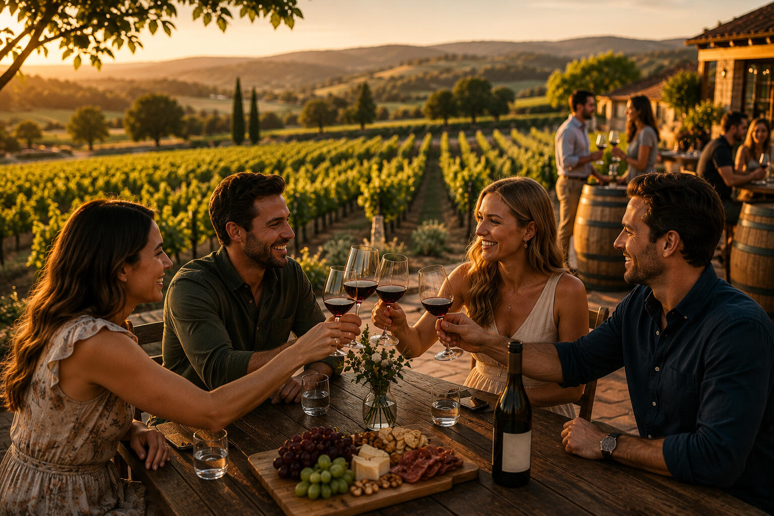 Couples at a Vineyard sitting down with a charcuterie board and drinking wine.
