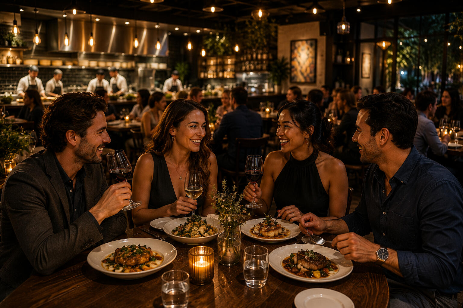 Couples eating dinner at a nice restaurant