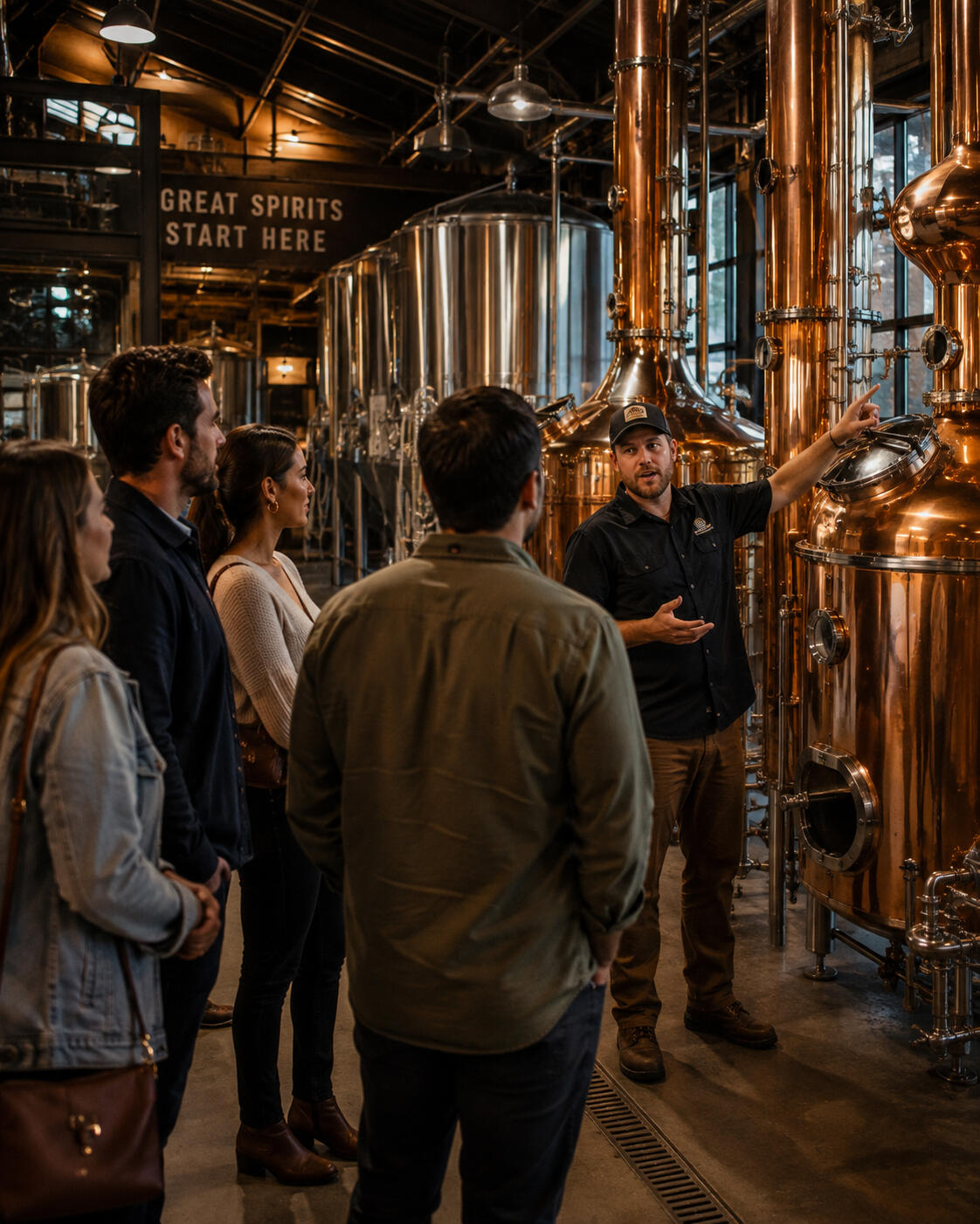 Two couples sitting around a table at a craft brewery holding beers