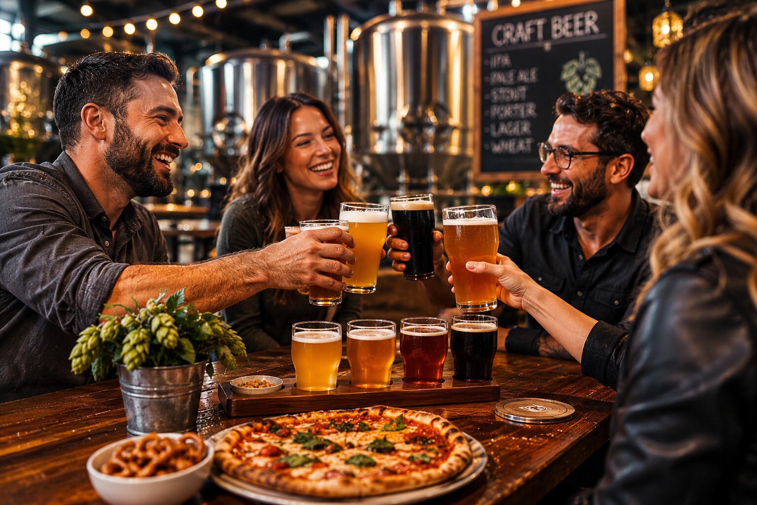 Two couples sitting around a table at a craft brewery holding beers