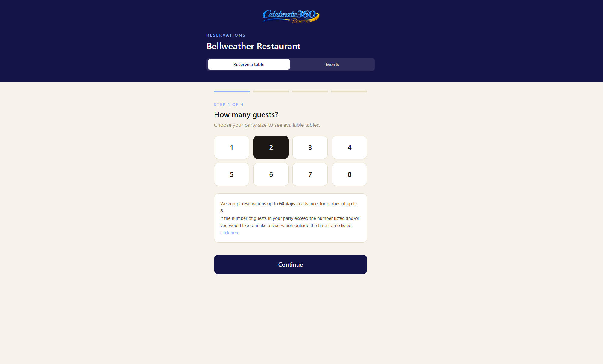 Celebrate360 Reservation Platform Landing Page asks how many people in your party