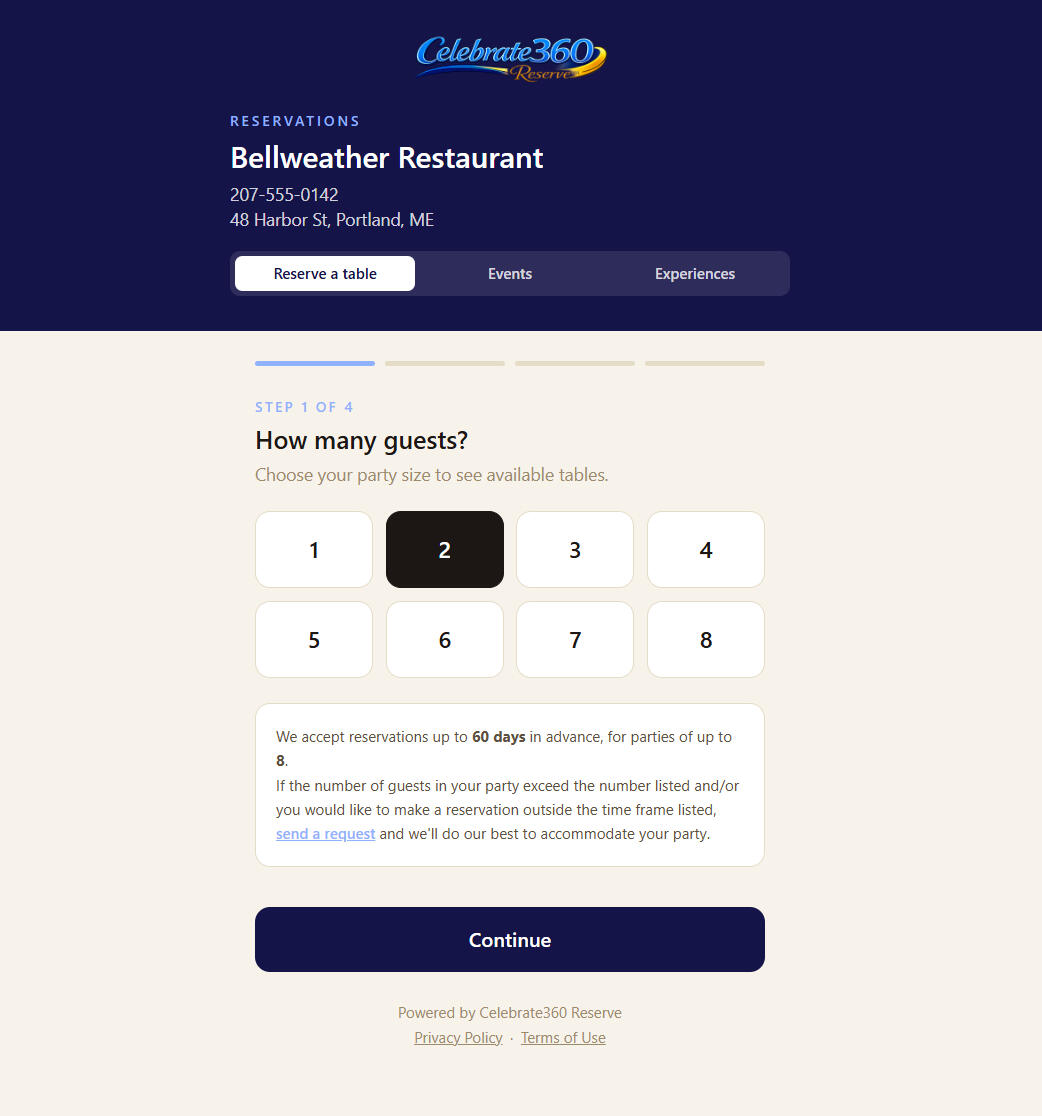 Celebrate360 Reservation Platform Landing Page Celebrate360 Reservation Platform Landing Page asks how many people in your party