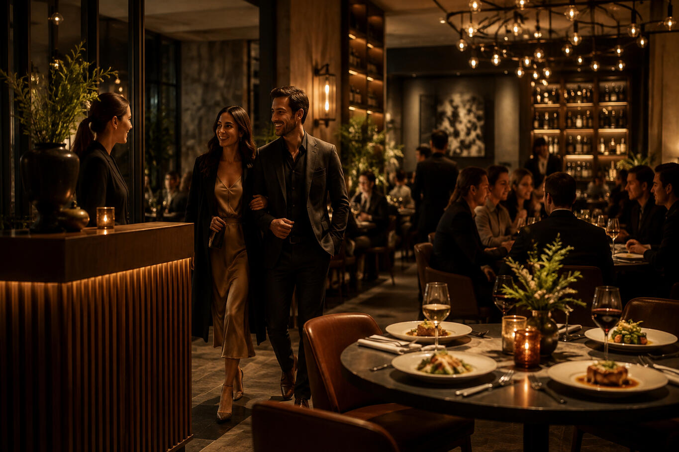 Cinematic Evening at the Restaurant A couple walking into a fine dining restaurant